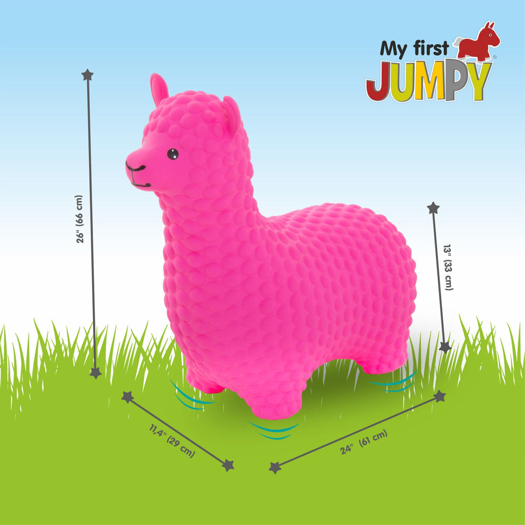 4. Pink alpaca hopper with dimensions on grass background and My First JUMPY logo