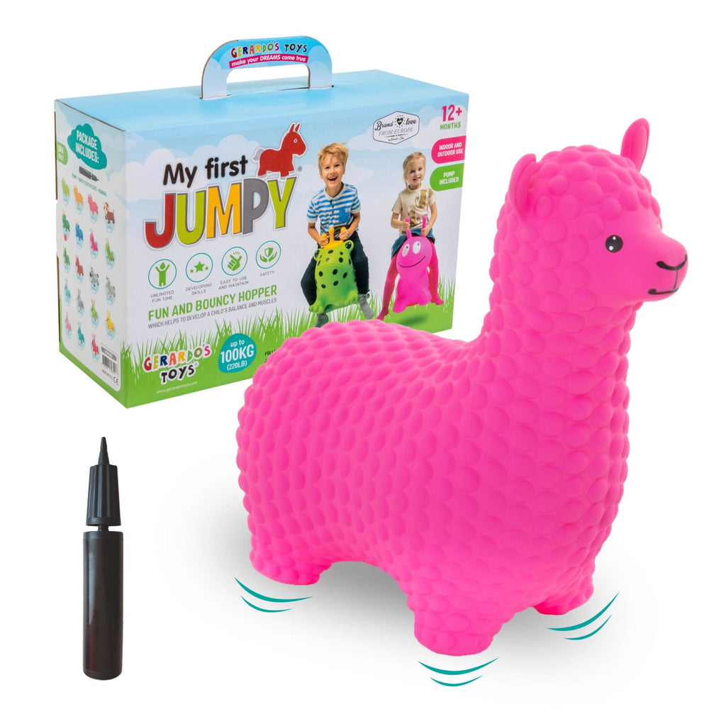 6. Pink alpaca hopper with packaging box and hand pump on white background