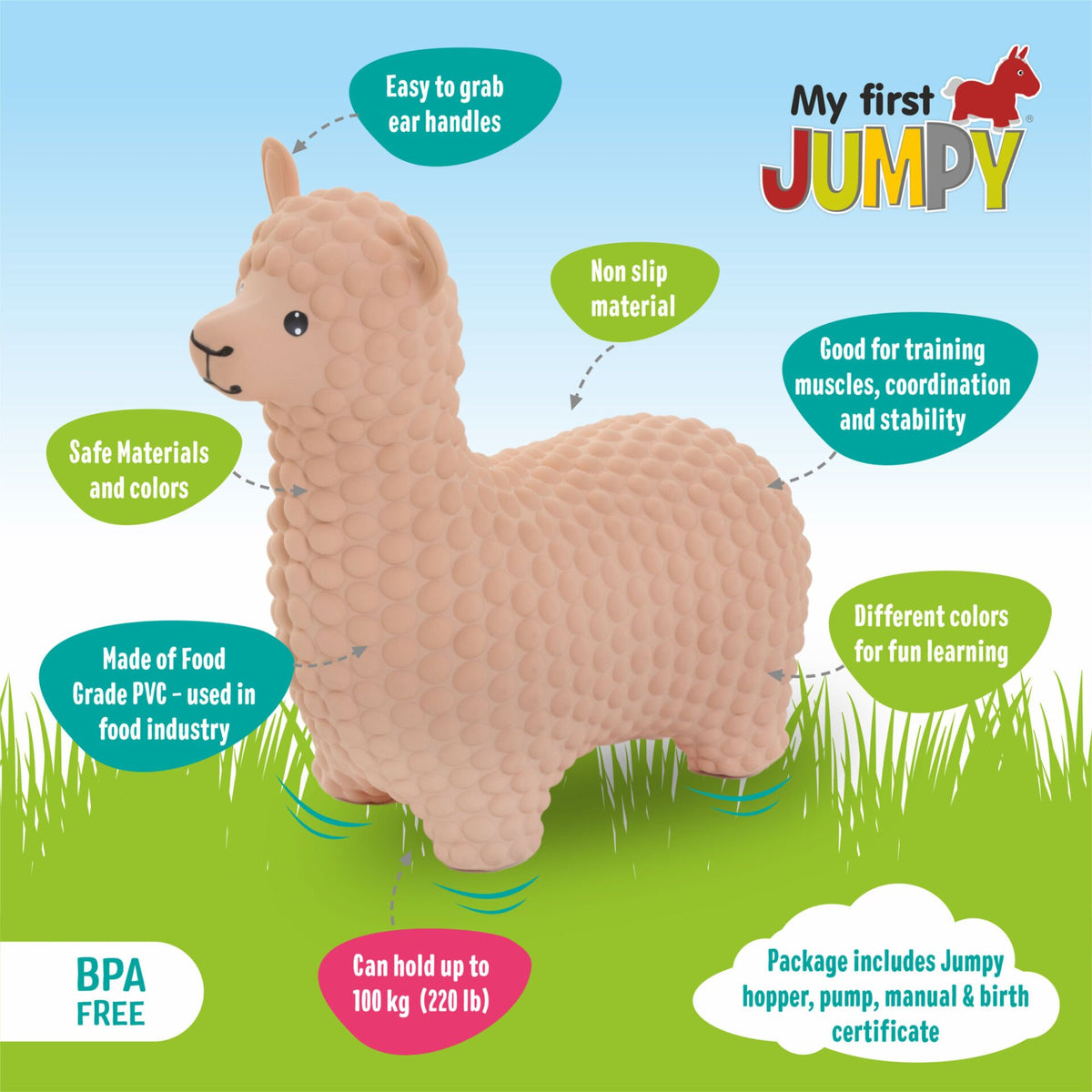 4. Features of beige alpaca hopper toy including non-slip material and BPA free