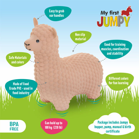 4. Features of beige alpaca hopper toy including non-slip material and BPA free