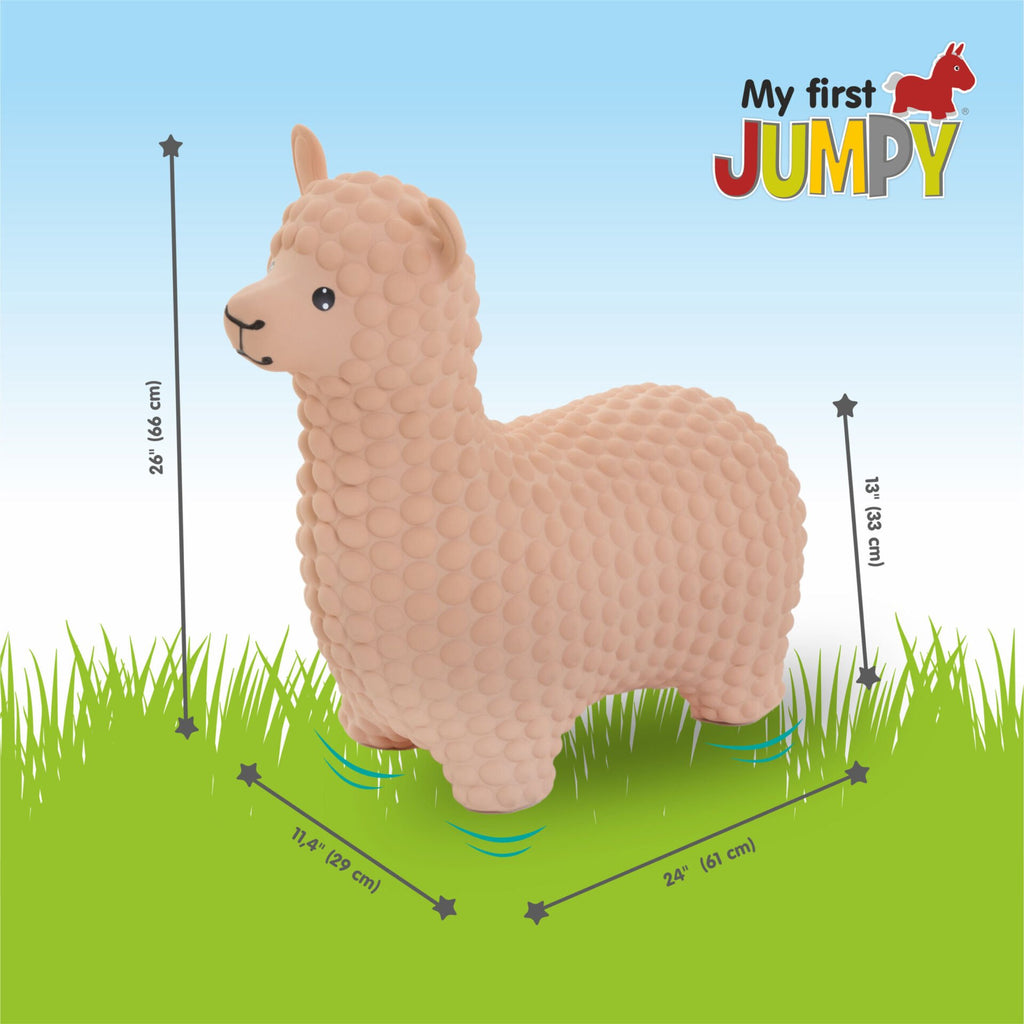 5. Size chart for beige alpaca hopper toy showing dimensions in centimeters