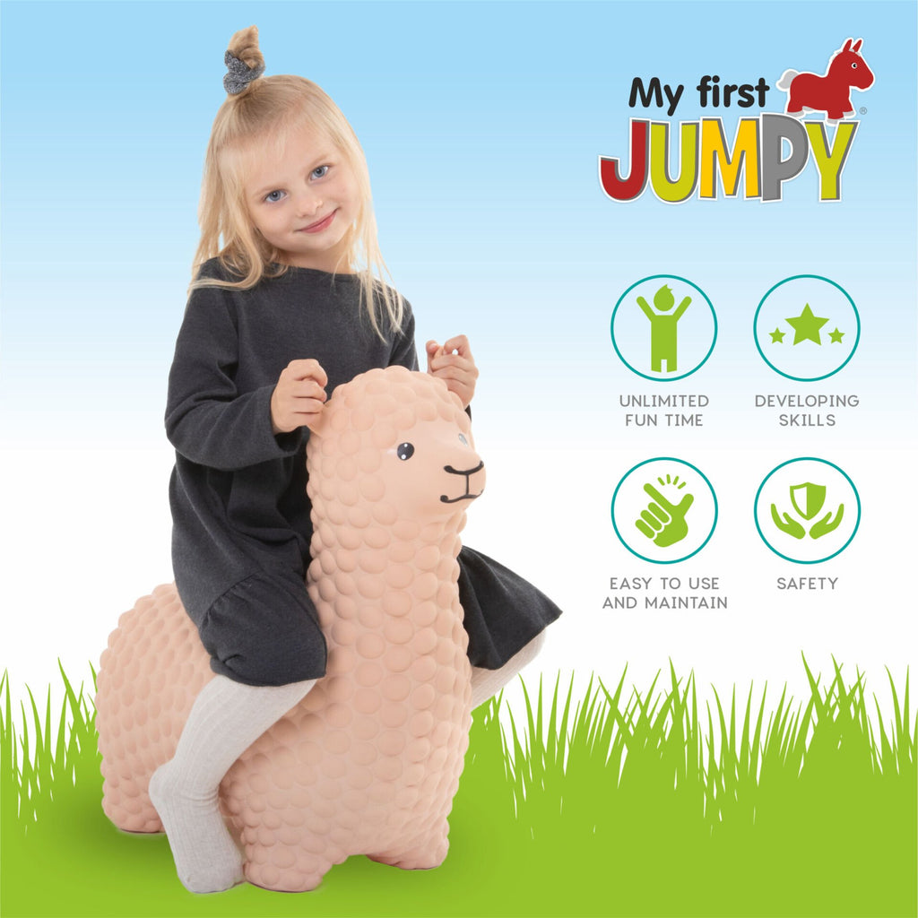 1. Young girl riding beige alpaca hopper toy with icons highlighting features
