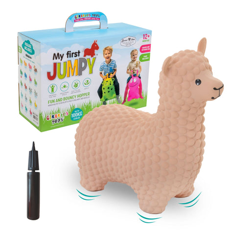 2. Beige alpaca hopper toy with packaging and pump included