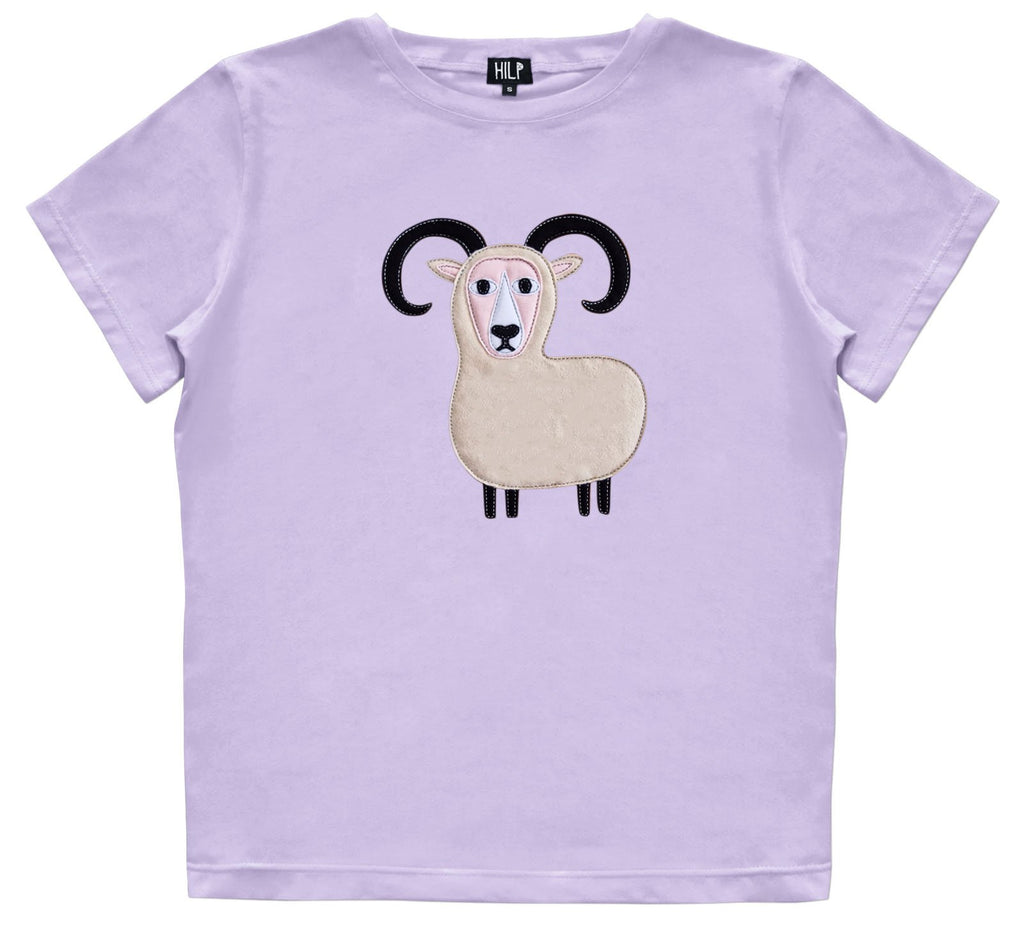 3. Women's Aries T-shirt by HILP in purple with ram graphic, studio shot