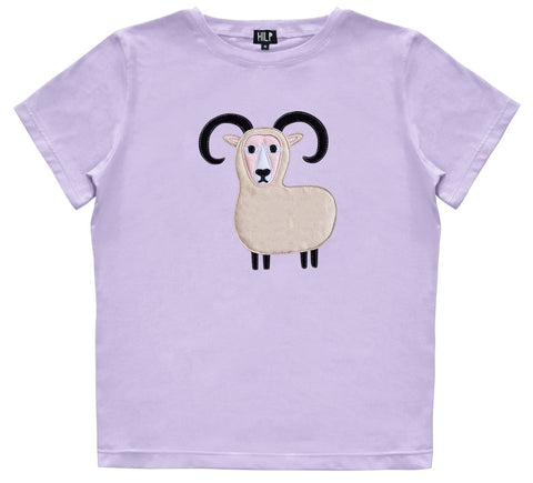 3. Women's Aries T-shirt by HILP in purple with ram graphic, studio shot