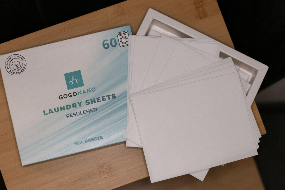 2. GoGoNano laundry sheets box with multiple sheets on wooden surface