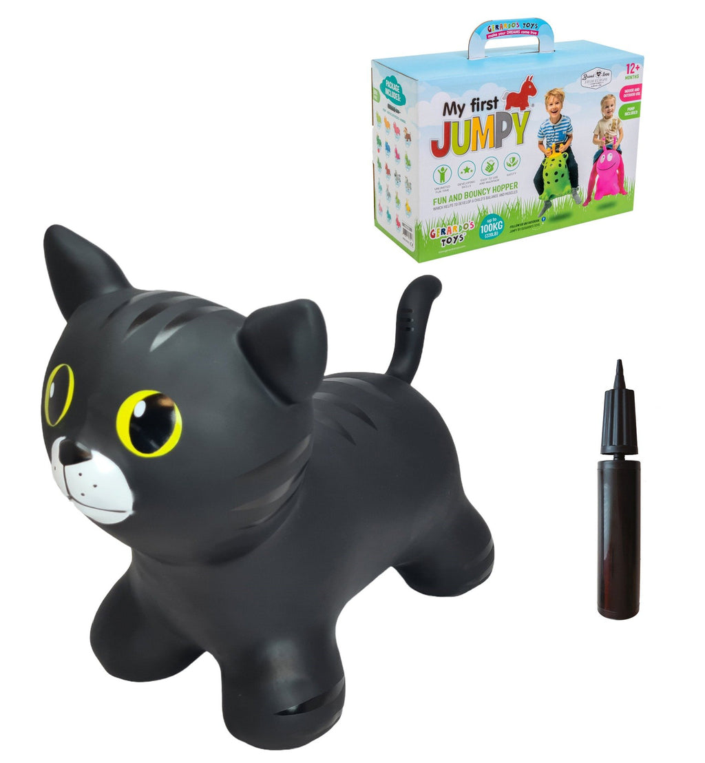 3. Black cat-shaped hopper toy with packaging box and hand pump on white background