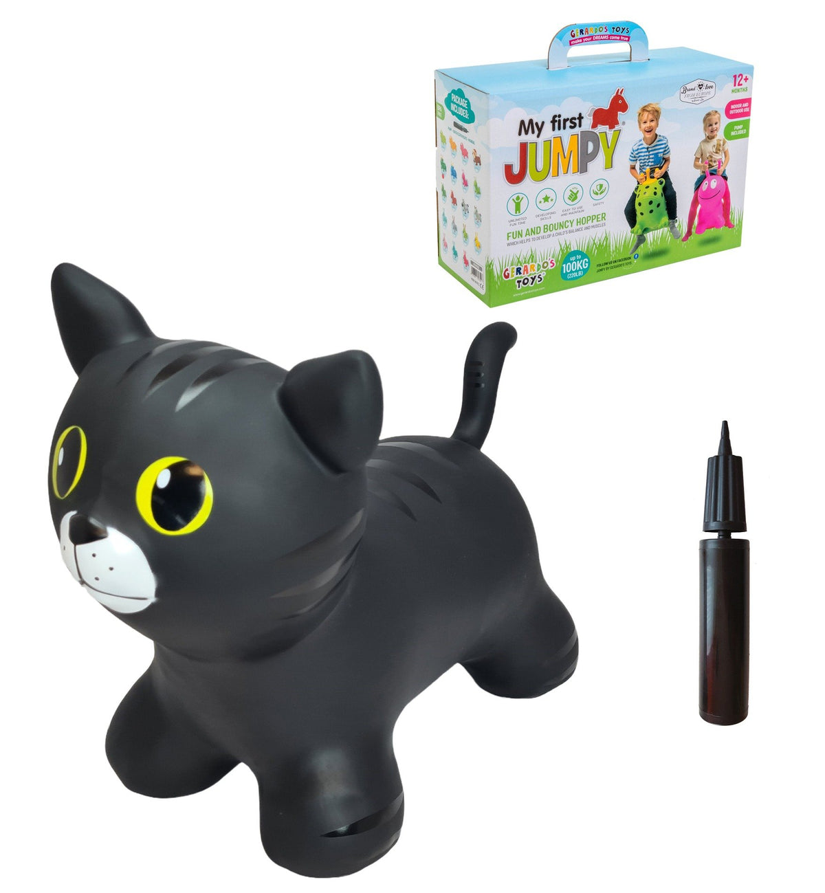 3. Black cat-shaped hopper toy with packaging box and hand pump on white background