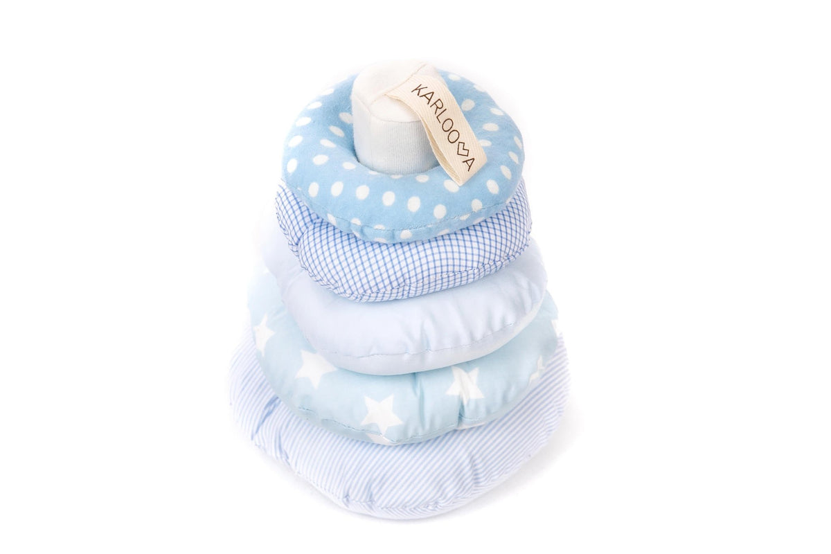 2. Blue Karloova stacking tower with rings showing polka dot and star patterns