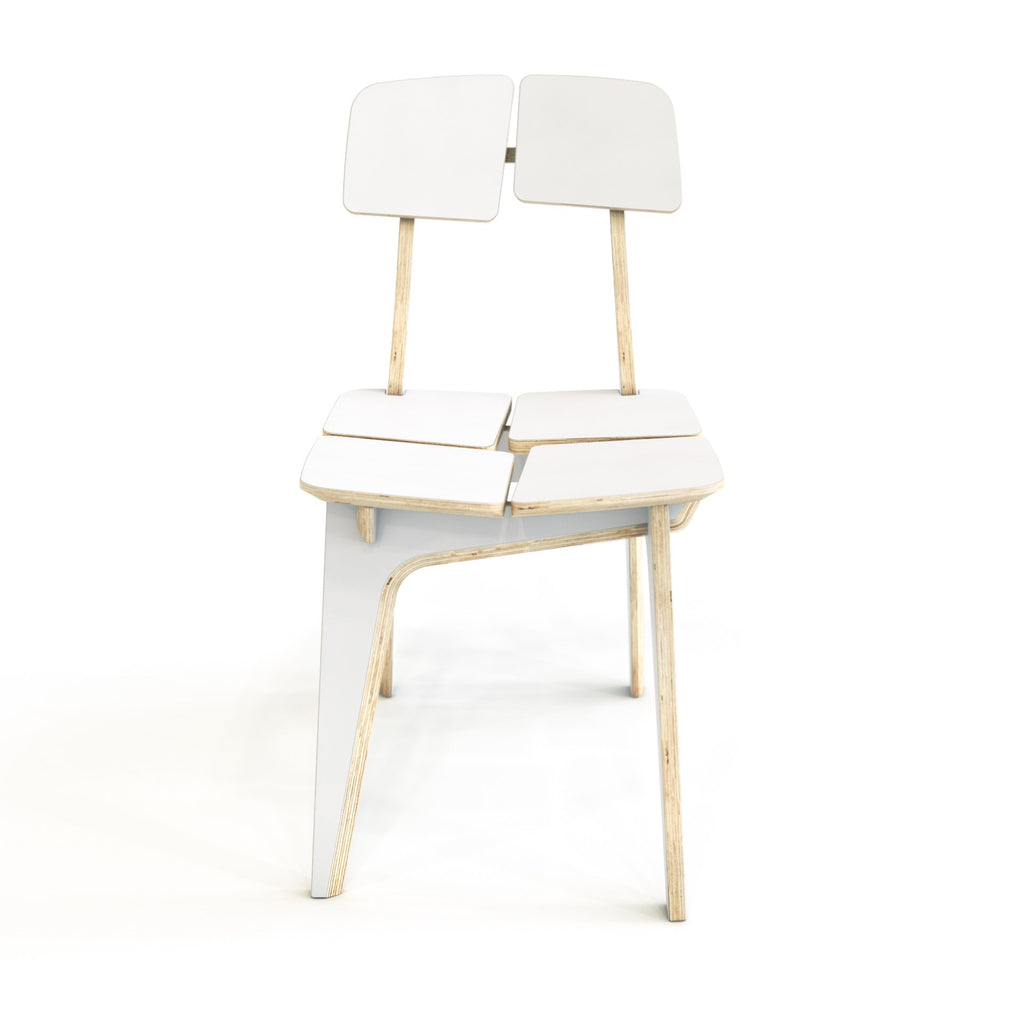 3. Front view of white Woodpecker dining chair with laminated plywood, highlighting its modern design and ergonomic features