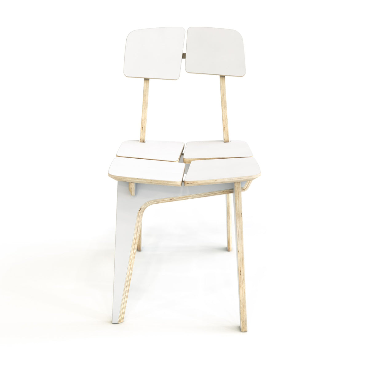3. Front view of white Woodpecker dining chair with laminated plywood, highlighting its modern design and ergonomic features