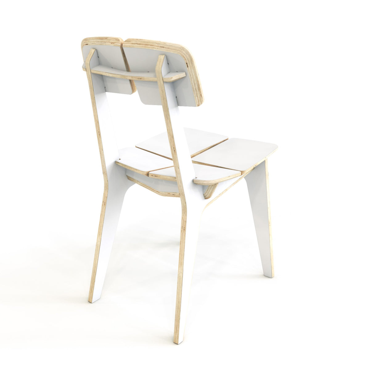 2. Back view of white Woodpecker dining chair made from laminated plywood, showcasing its unique assembly and ergonomic design