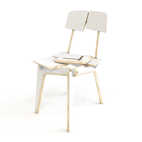 5. Angled view of white Woodpecker dining chair, emphasizing its laminated plywood construction and ergonomic design
