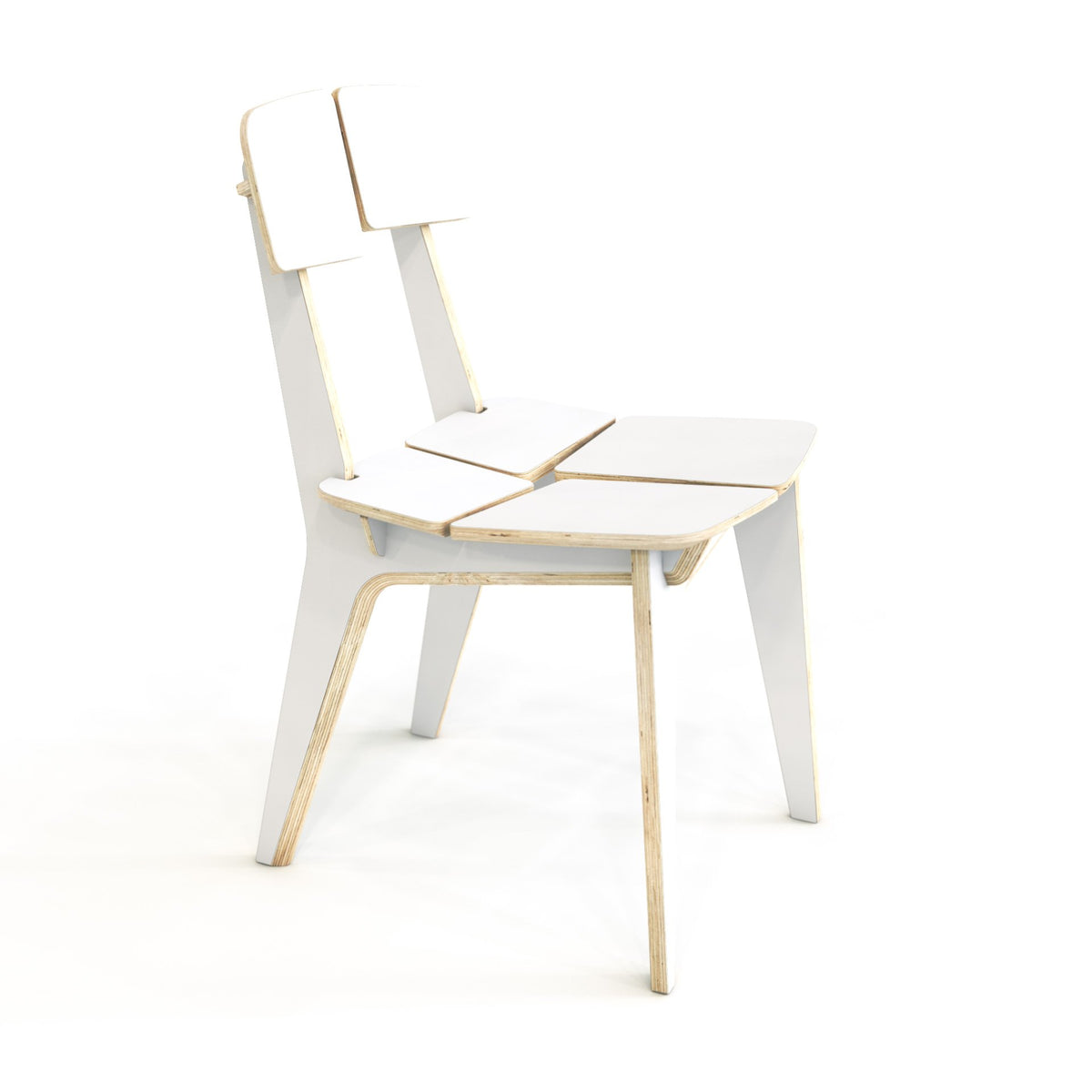 6. Side view of white Woodpecker dining chair, highlighting its laminated plywood structure and modern aesthetic