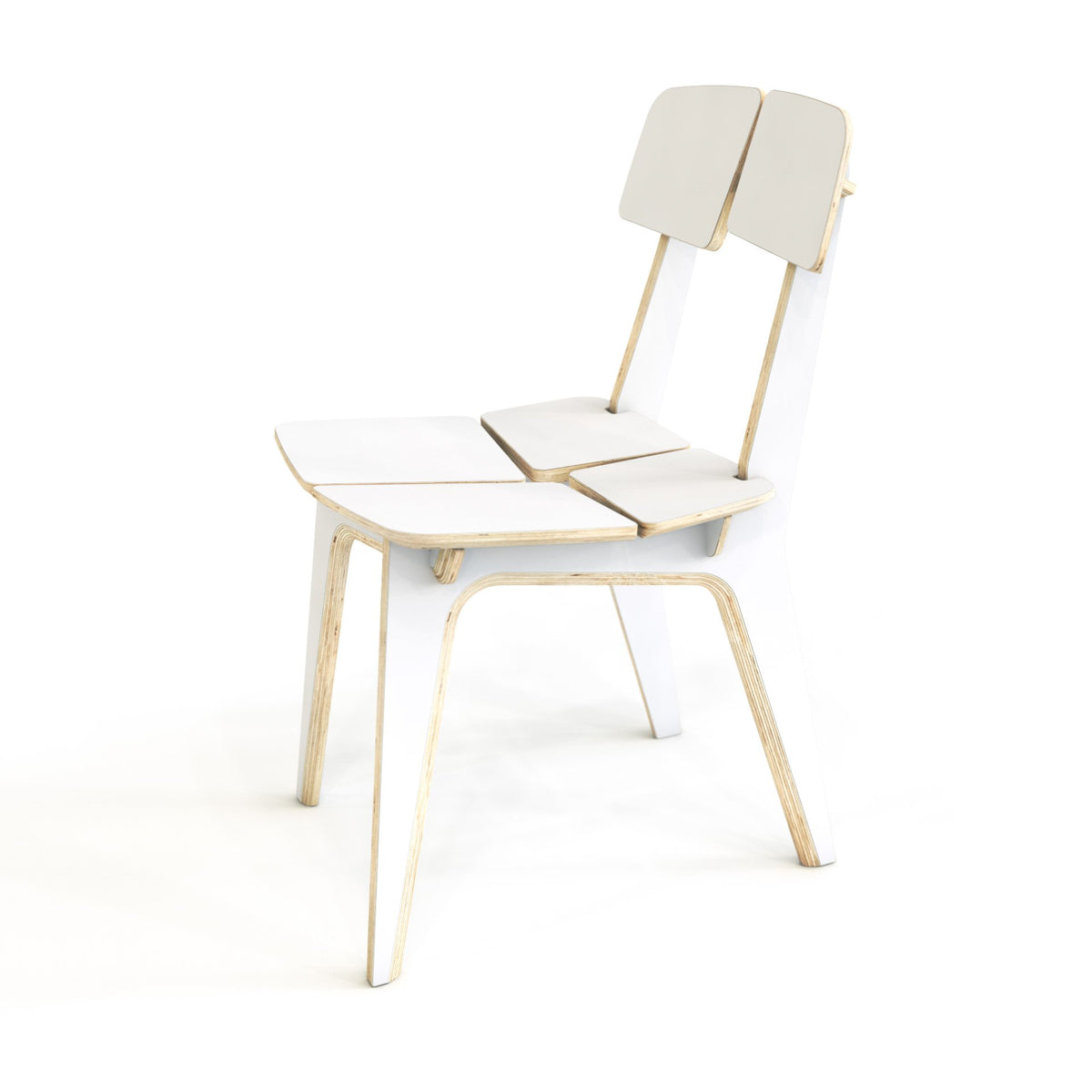 7. Side angle of white Woodpecker dining chair, showcasing its ergonomic design and laminated plywood material