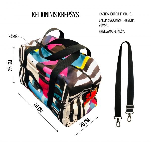 3. Size chart for Garbanota travel bag, showing dimensions 40x25x20 cm and detachable strap