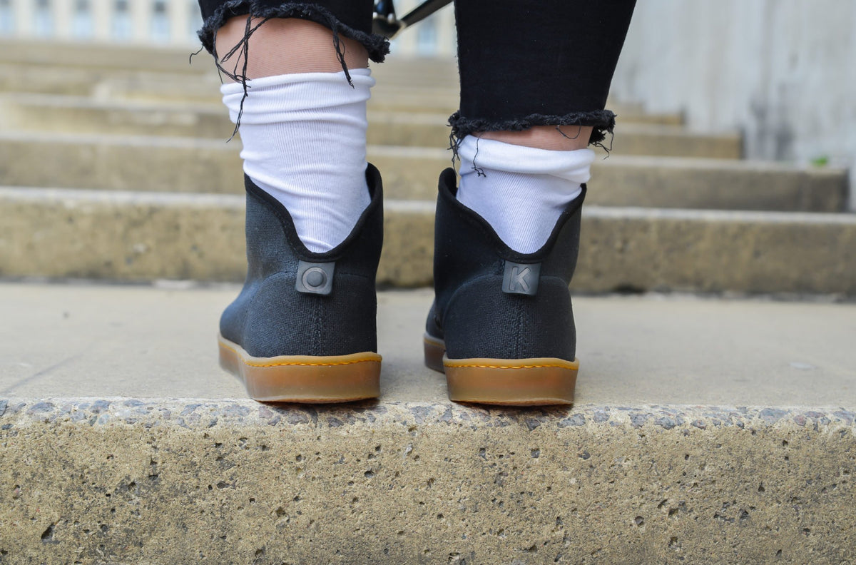 2. Back view of unisex TOKU Stockholm Sneakers on steps, highlighting design and rubber soles