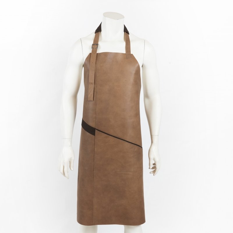 1. Beige leather apron with brown cotton belt displayed on mannequin in studio setting