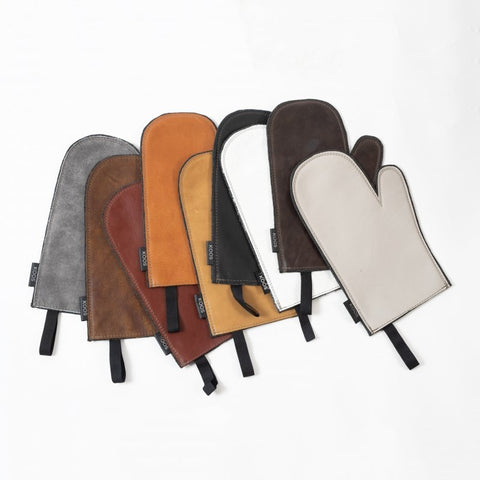 4. Assorted leather oven mittens in various colors including grey, brown, camel, and white, arranged on white background