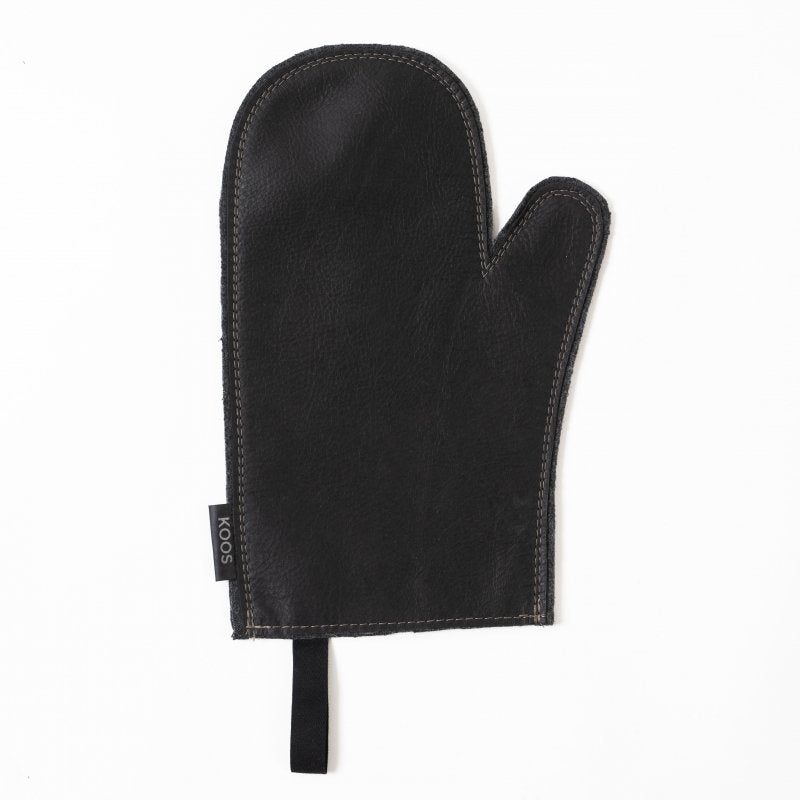 2. Black leather oven mitten with visible stitching and KOOS label, shown on white background