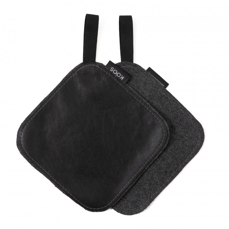 4. Black leather pot holder with black cotton hook and wool felt backing, KOOSdisain label visible
