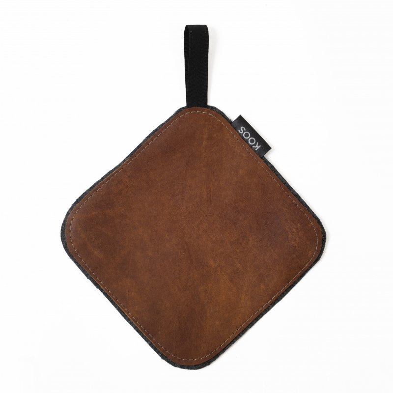 3. Brown leather pot holder with black cotton hook, KOOSdisain label visible