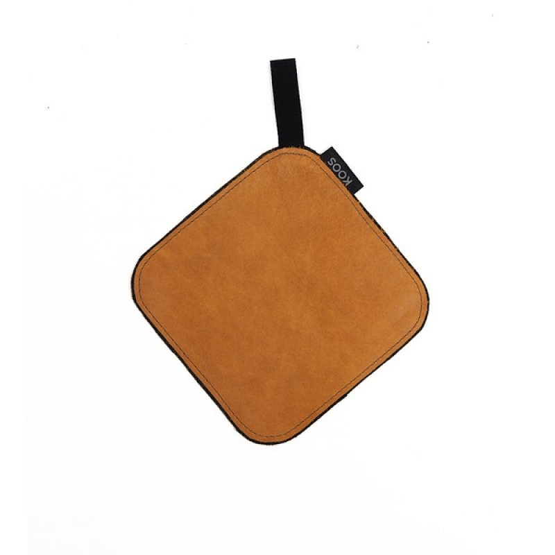 2. Orange leather pot holder with black cotton hook, KOOSdisain label visible