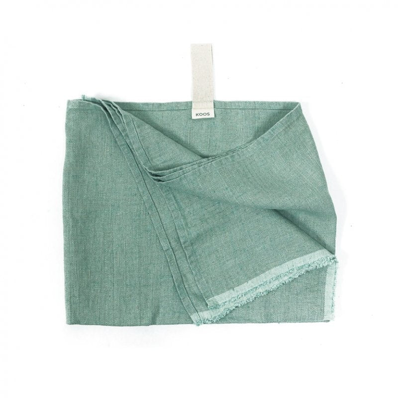 1. Flat lay of KOOSdisain big linen towel in mint green with fishbone pattern, showing natural white hanger and folded edges on a white background