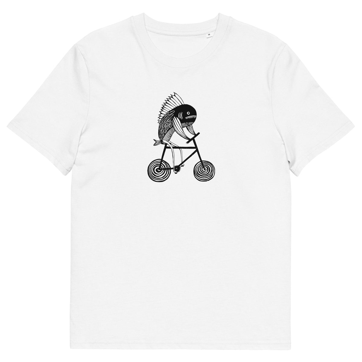 2. Unisex Biker Fish T-shirt by HILP in white, featuring a unique black fish on a bicycle graphic, made from 100% organic cotton, shown in studio setting