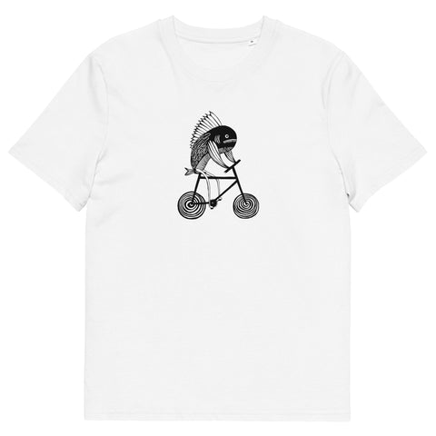 2. Unisex Biker Fish T-shirt by HILP in white, featuring a unique black fish on a bicycle graphic, made from 100% organic cotton, shown in studio setting