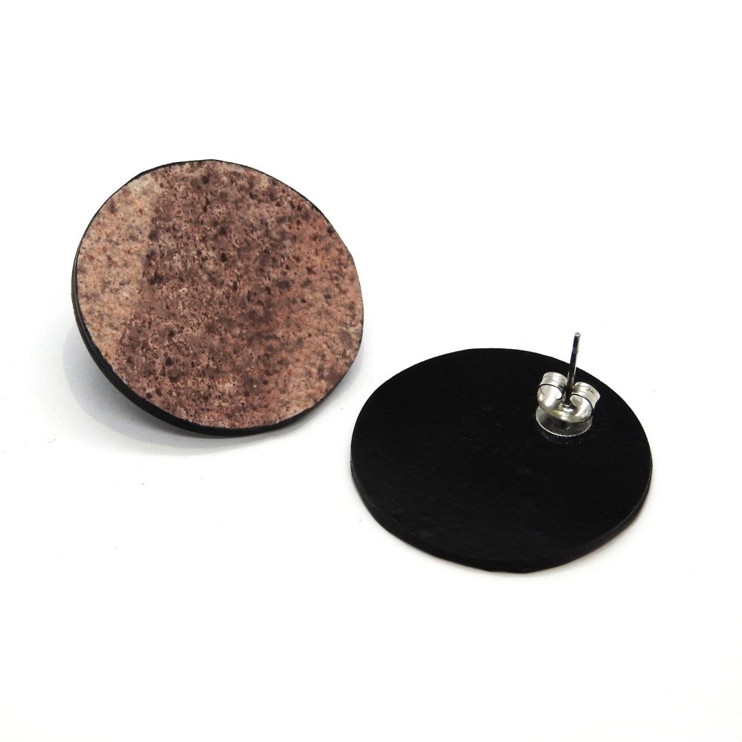 2. Pair of Seif Design Orbit RED CANYON earrings made from slate and marble, featuring a minimalist round design with a natural stone texture, shown on a white background