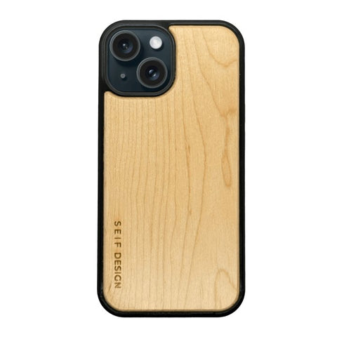 2. Bamboo wooden iPhone cover by Seif Design with precision cutouts, shown in studio lighting highlighting the natural wood grain and engraved brand logo