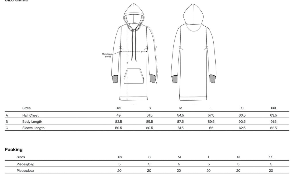 3. Size chart for Katrin Valgemäe hoodie dress, showing measurements for sizes XS to XXL