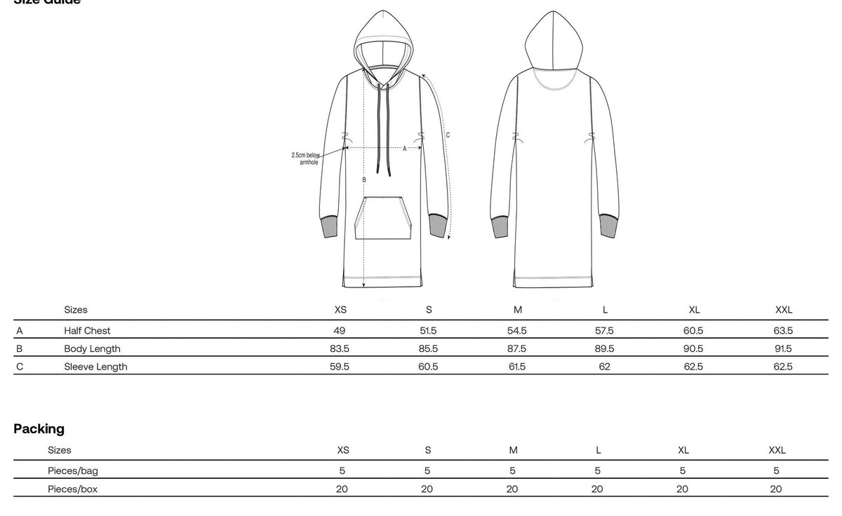 3. Size chart for Katrin Valgemäe hoodie dress, showing measurements for sizes XS to XXL