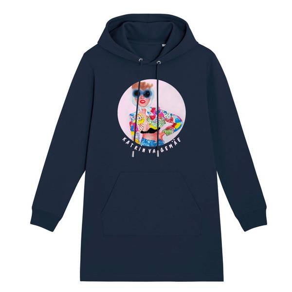 1. Women's French Navy hoodie dress 'Chick in Moschino' by Katrin Valgemäe with pop art print, kangaroo pocket, and ribbed hems