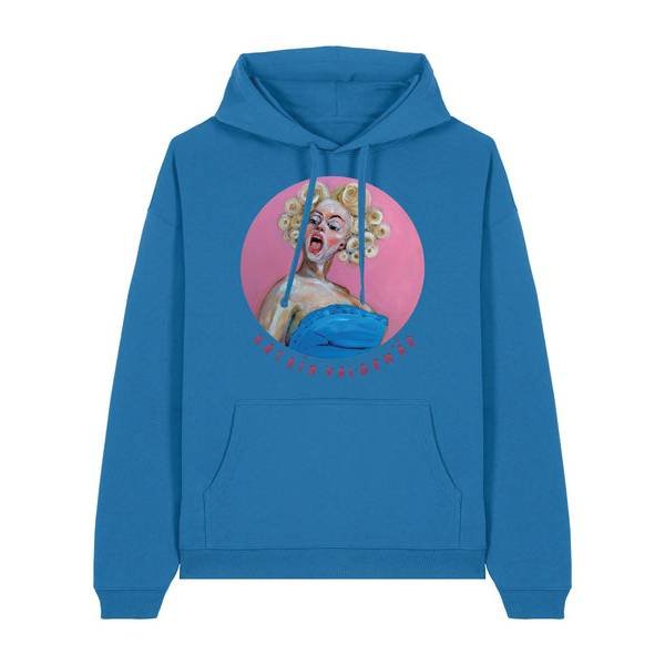 1. Women's blue hoodie 'Meta-Absinthe' by Katrin Valgemäe featuring pop art design and glitter print logo, shown in studio
