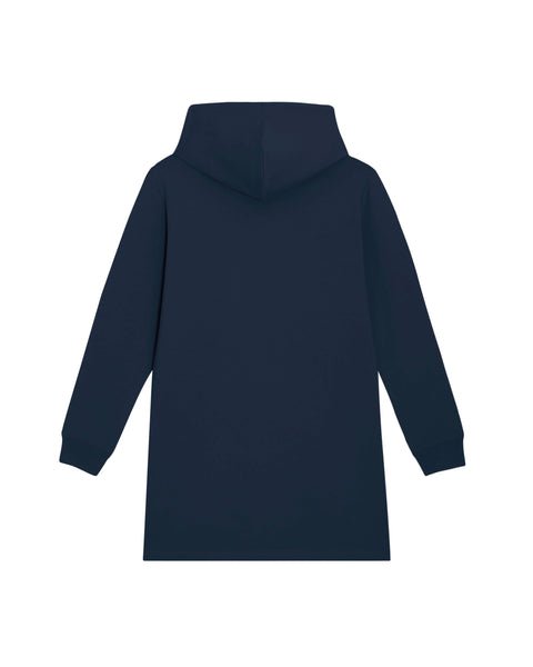 2. Back view of women's French Navy hoodie dress by Katrin Valgemäe, showing double layered hood and ribbed sleeve hems