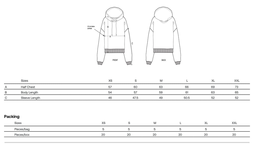 3. Size chart for women's Katrin Valgemäe hoodie, showing measurements for XS to XXL