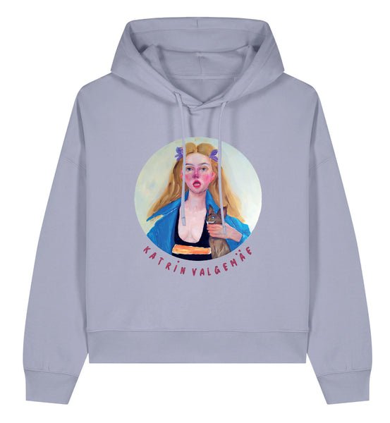 1. Women's Katrin Valgemäe hoodie in light purple with artistic print, featuring a woman and cat, front view
