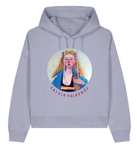 1. Women's Katrin Valgemäe hoodie in light purple with artistic print, featuring a woman and cat, front view