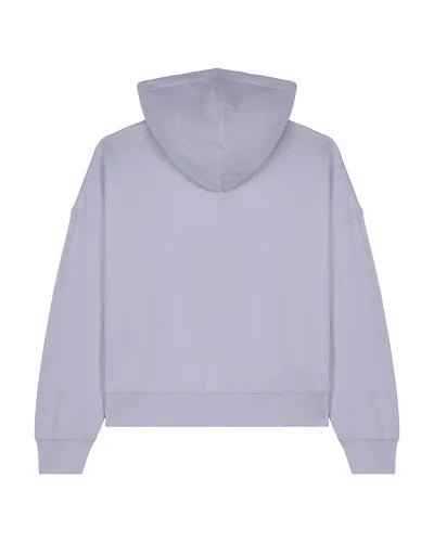 2. Back view of women's light purple hoodie by Katrin Valgemäe, showcasing double layered hood and relaxed fit