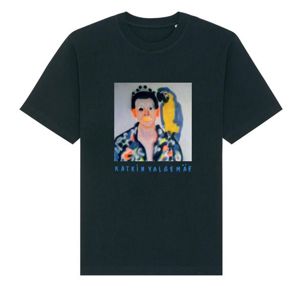 2. Black unisex t-shirt with colorful pop art print of person and parrot, featuring glitter print logo 'Katrin Valgemäe'
