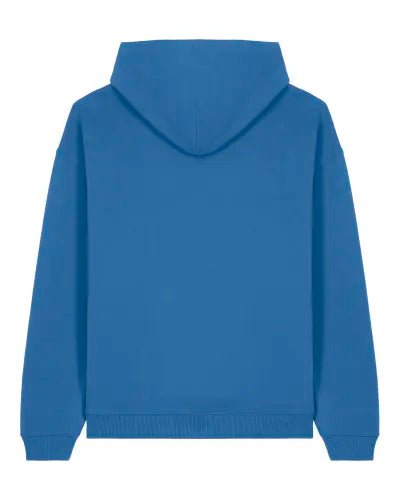 2. Back view of women's blue hoodie 'Meta-Absinthe' by Katrin Valgemäe, highlighting oversized fit and ribbed hem