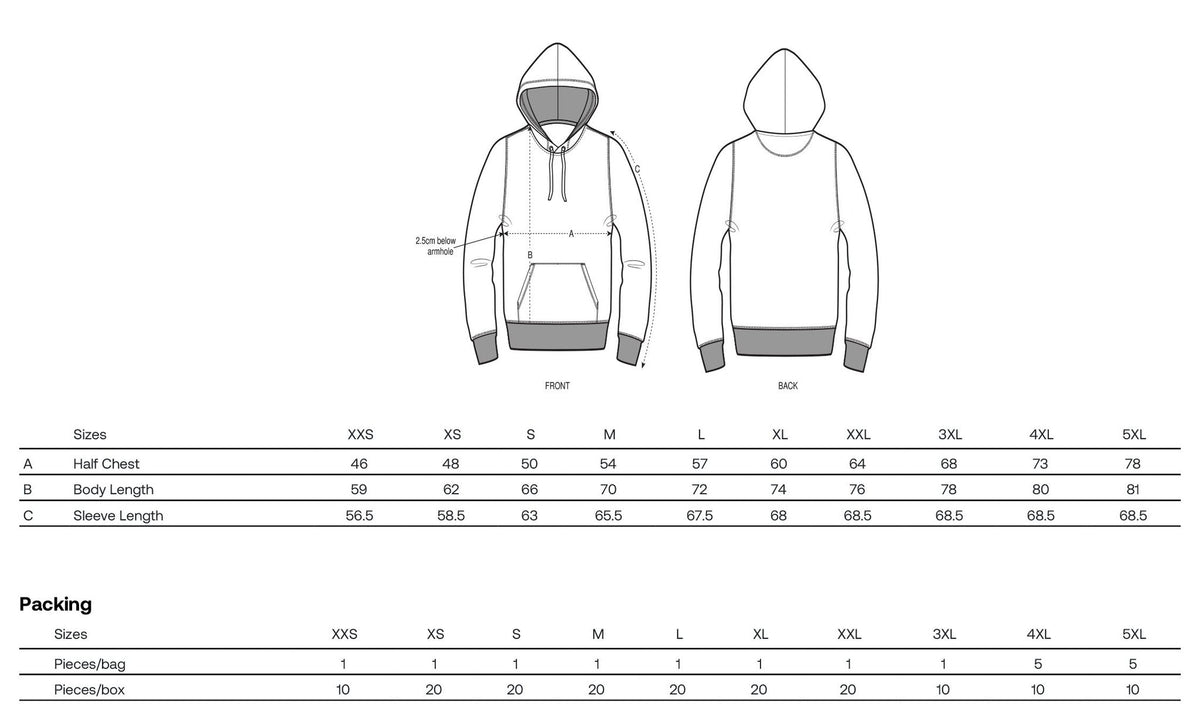 3. Size chart for women's hoodie 'Meta-Absinthe' by Katrin Valgemäe, showing measurements for sizes XXS to 5XL