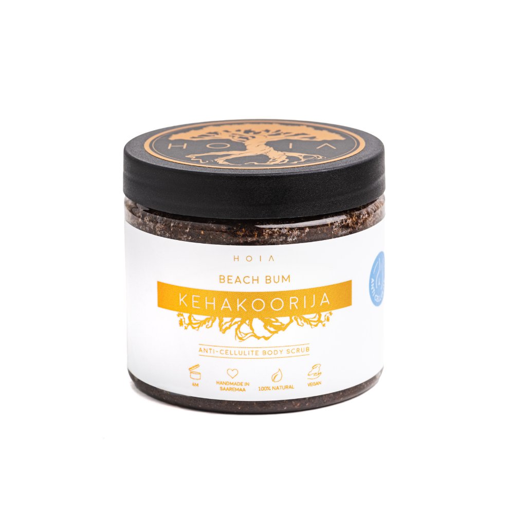 2. HOIA homespa Anti-Cellulite Body Scrub Beach Bum jar in studio, highlighting organic and vegan features