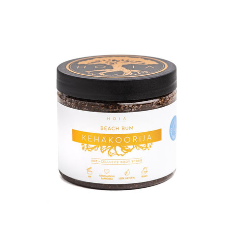 2. HOIA homespa Anti-Cellulite Body Scrub Beach Bum jar in studio, highlighting organic and vegan features
