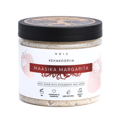 5. HOIA homespa Strawberry Margarita body scrub jar with strawberries and lemon slices on a marble surface