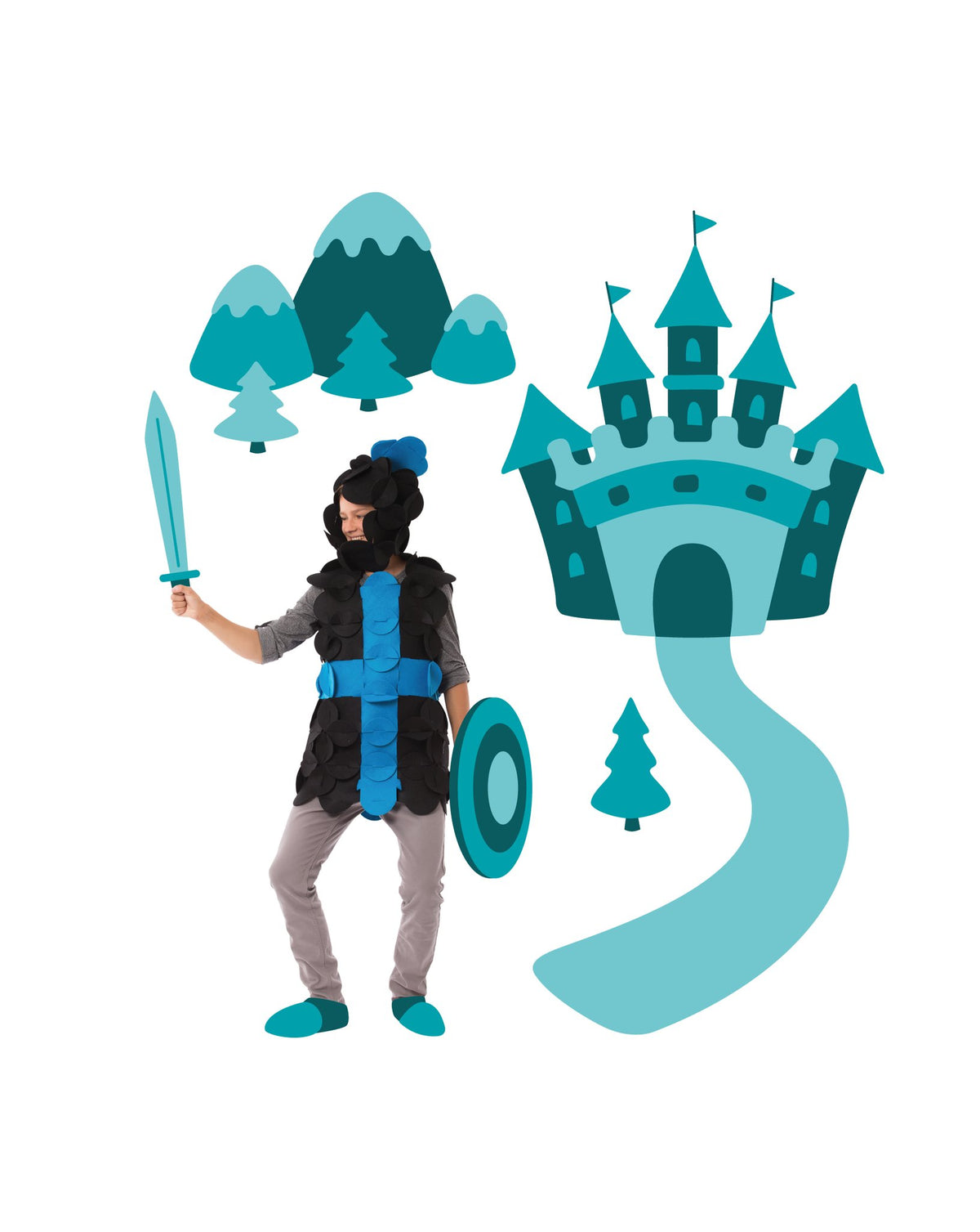 5. Child in Sir William the Brave Knight costume with sword and shield, castle and mountain graphics in background