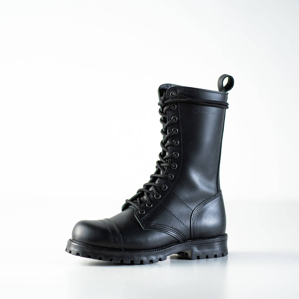 3. Studio shot of Samelin 516 High Aviator Boots in black, side view highlighting water-repellent leather
