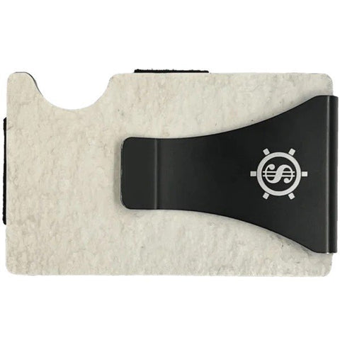 3. Close-up of Kohev Lumi card holder with black money clip and Seif Design logo on slate surface